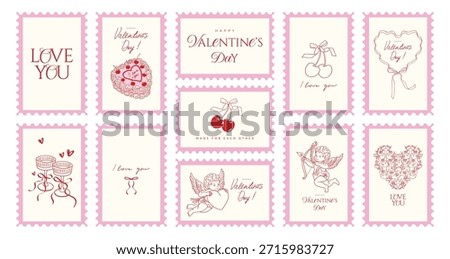 Valentine's Day postage stamp Set with hand drawn Cupid doodles, cherry, cake, bow and romantic line art illustrations. Vintage cards,  stickers, mail postmark. Vector illustration.