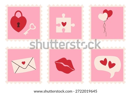 Valentines day postage stamp set with heart padlock and key, puzzle piece, balloons, love letter, kiss lips and heart chat bubble on pink backgrounds.Vector illustration