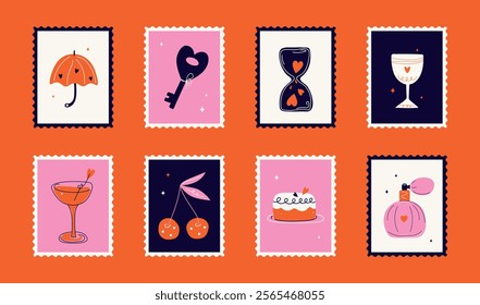 Сute Valentine's day postage stamps set. Hand drawn groovy cartoon sticker elements. 14 February coquette heart, flowers, bow. Funky Saint Valentine design in flat style. love Isolated vector illustra