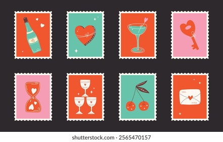 Сute Valentine's day postage stamps set. Hand drawn groovy cartoon sticker elements. 14 February coquette heart, flowers, bow. Funky Saint Valentine design in flat style. love Isolated vector illustra