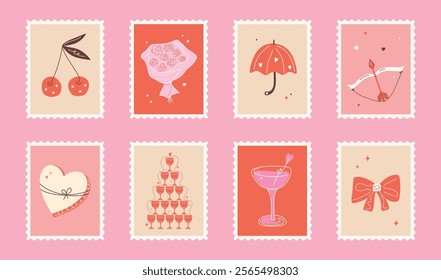 Сute Valentine's day postage stamps set. Hand drawn groovy cartoon sticker elements. 14 February coquette heart, flowers, bow. Funky Saint Valentine design in flat style. love Isolated vector illustra