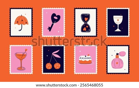 Сute Valentine's day postage stamps set. Hand drawn groovy cartoon sticker elements. 14 February coquette heart, flowers, bow. Funky Saint Valentine design in flat style. love Isolated vector illustra