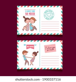 valentines day postal cards set with cute couple in love and rubbers. vector illustration