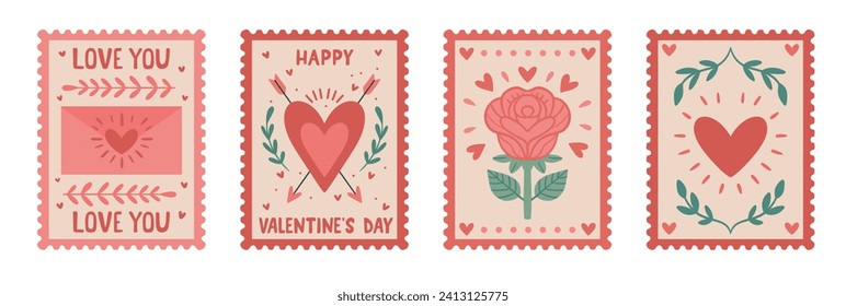 Juego de sellos postales del Día de San Valentín: Colección vectorial de pegatinas temáticas de amor. Elementos románticos aislados con corazón y flecha, mensajes y rosa para etiquetas de Journal, Scrapbooking y tarjetas de felicitación