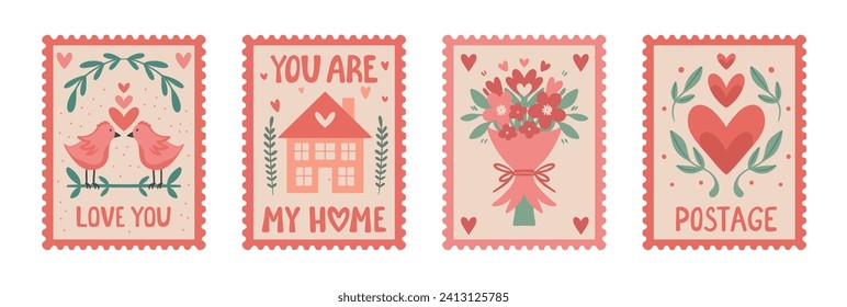 Valentine's Day Postal Stamp Set: Vector Collection of Love Themed Stickers. Isolated Romantic elements with Sweet Home, Birds, and Bouquet for Journal Stickers, Scrapbooking, and Greeting Cards