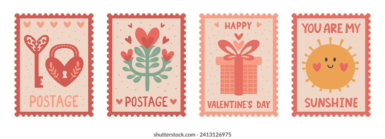 Valentine's Day Postal Stamp Set: Vector Collection of Love Themed Stickers. Isolated Romantic elements with Hearts, Lock and Key, and Gift Box for Journal Stickers, Scrapbooking, and Greeting Cards