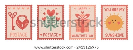 Valentine's Day Postal Stamp Set: Vector Collection of Love Themed Stickers. Isolated Romantic elements with Hearts, Lock and Key, and Gift Box for Journal Stickers, Scrapbooking, and Greeting Cards