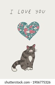 valentine's day postcard with animal cat and heart vector print