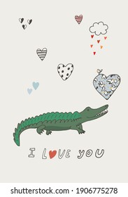 valentine's day postcard with animal crocodile and heart vector print