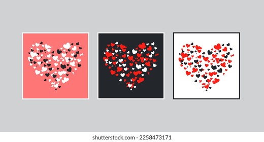 Valentine's day postcard, a big heart made of a lot of little hearts. Cute Frame Illustration, blank template isolated on different background. Vector illustration