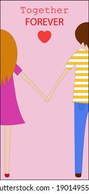 Valentine's day postcard, boy and girl holding hands, together forever