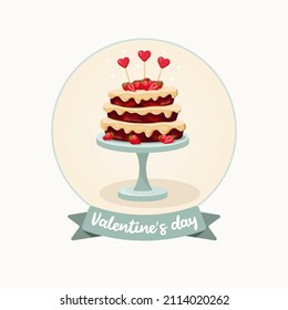 postal del día de San Valentín. Una torta con capas de chocolate y tres corazones sobre palos se para en un estrado. ilustración vectorial.