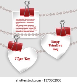 The Valentine's day postcard with Collection of various white note papers pin with document clips ready for your message.