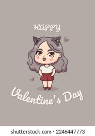 Valentine's Day. Postcard with cute anime girl.