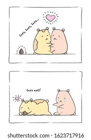 Valentine's day postcard with cute chubby humsters. Funny romantic scene. Humster love to eat. Vector illustration.