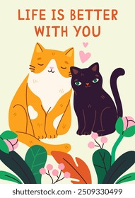 Cartão postal do Dia dos Namorados. Gatos fofos bonitos abraço e sensibilidade expressa. Amor, romance e paixão. Casais apaixonados. Cartão comemorativo. Cartaz ou banner para o site. Ilustração de vetor plano de desenhos animados