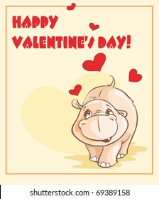 Valentine's day postcard with cute hippopotamus and hearts.
