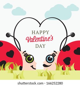 Valentine's day postcard. Cute ladybugs cartoons character, boy and a girl, looking on each other. Hand-drawn words Happy Valentine's day lettering. Vector illustration.