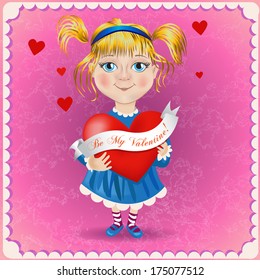 Valentine's day postcard. Cute little girl cartoons with heart.  Vector illustration.