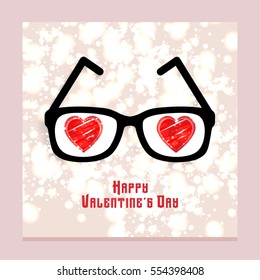 Valentine's day postcard. Cute pink, heart shape glasses. Happy Valentine's day hand-drawn lettering. Vector illustration.