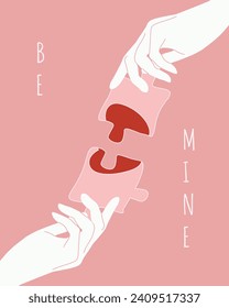 Valentines Day postcard design in trendy Groovy retro style. Valentine card template with puzzle in hand. Vector illustration can used web and social banner, poster and print