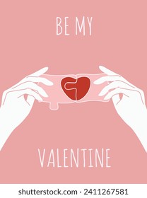 Diseño de postales de San Valentín en estilo retro Groovy de moda. Plantilla de San Valentín con rompecabezas en la mano. La ilustración vectorial puede utilizar banner web y social, afiches e impresos