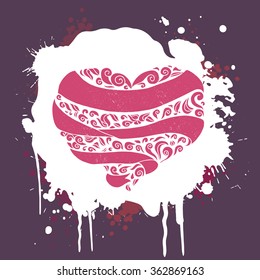 Valentines Day postcard design. Vector template of invitation, poster or greeting card. Pink Valentine Heart and doodle ornament with ribbon and curves on white paint splashes
