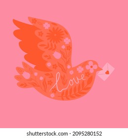 Valentine's day postcard with envelope carrier dove. Vector graphics.