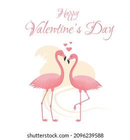 Valentine's day postcard with flamingos in love. Vector Illustration