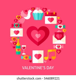 Valentines Day Postcard. Flat Poster Design Vector Illustration. Collection of Love Holiday Objects.