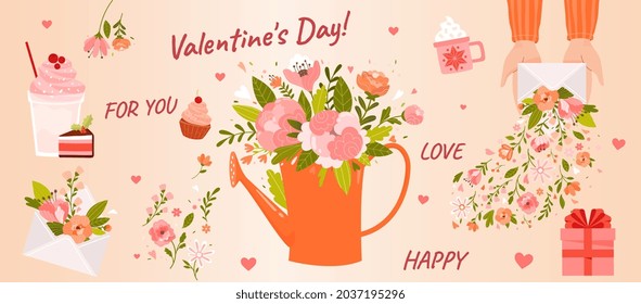 Valentines day postcard. Flower gift, beautiful picture. Watering can, plants, sweets. Romance, love, couple. Graphic elements for website. Flat vector illustrations isolated on beige background