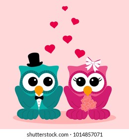 Valentine's Day. Postcard for Valentine's Day. Funny owls. A loving couple. Also suitable for invitation card. Vector illustration.