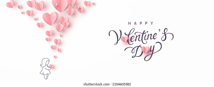 Valentine's Day postcard and girl   pink flying balloons white background  Romantic poster  Vector paper symbols love in shape heart for greeting card design