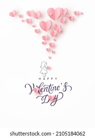 Valentine's Day postcard with girl and pink flying balloons on white background. Romantic poster. Vector paper symbols of love in shape of heart for greeting card design