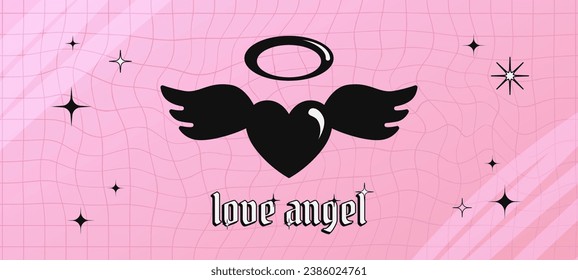 Valentine's Day postcard with glossy heart with wings drawing, greeting card in Y2K retro aesthetic with gothic text. Vector illustration.