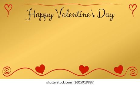 Valentine's day postcard with a gold background and red hearts and ornament. Copy space. Vector illustration.