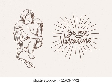 Valentine's day postcard or greeting card template with adorable shy angel with wings hand drawn with contour lines on light background. Vector illustration for 14th February in retro antique style.