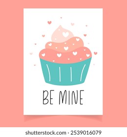 Valentines day postcard with hand drawn cake with cream and quote