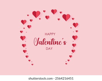 Valentine's Day postcard with hearts and cloudscape on pink background. Romantic poster. Vector symbols of love in shape of heart for greeting card design.