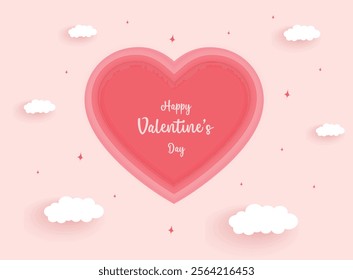 Valentine's Day postcard with hearts and cloudscape on pink background. Romantic poster. Vector symbols of love in shape of heart for greeting card design.