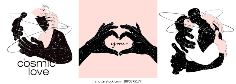 Valentines Day postcard. Hugging cosmic man and woman. Lovers. Embrace one another. Gesture heart fingers. Character design. Flat Vector Illustration.