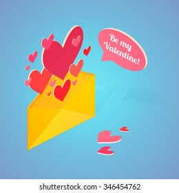 Valentine's Day postcard with isometric envelope hearts and text bubble. Vector illustration.