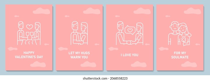 Valentinstag-Postkarte mit linearem Symbol-Set. Grußkarte mit dekorativem Vektordesign. Einfaches Stilposter mit kreativer Kunstgrafik. Flug mit Urlaubswunschpaket