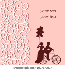 Valentine's Day. Postcard for Valentine's Day. A loving couple by bike. Also suitable for invitation card. Vector illustration.
