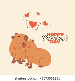 Valentine's Day Postcard With Loving Couple Capybaras. Flat design for greeting cards, greetings, flyers, social media posts. Vector