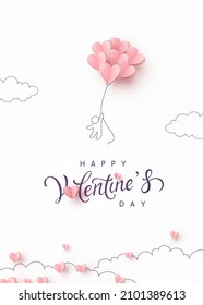 Valentine's Day postcard with man and pink flying balloons on white background. Romantic poster. Vector paper symbols of love in shape of heart for greeting card design