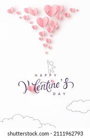Valentine's Day postcard with man and pink flying balloons on white sky background. Romantic poster. Vector paper symbols of love in shape of heart for greeting card design