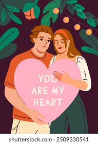 Valentines Day postcard. Man and woman hug large pink heart. Love, romance and passion. Young guy and girl in love. Greeting card. Poster or banner for website. Cartoon flat vector illustration