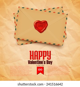 Valentine's day postcard with old retro vector envelope with wax seal in heart shape, love letter illustration