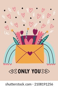 Postales del Día de San Valentín solamente dejaste amar a los mensajes de texto. Vector ilustró la envoltura de doodle dibujada a mano de letras con flores arco iris azul cardíaco. Tarjeta digital de saludo romántico